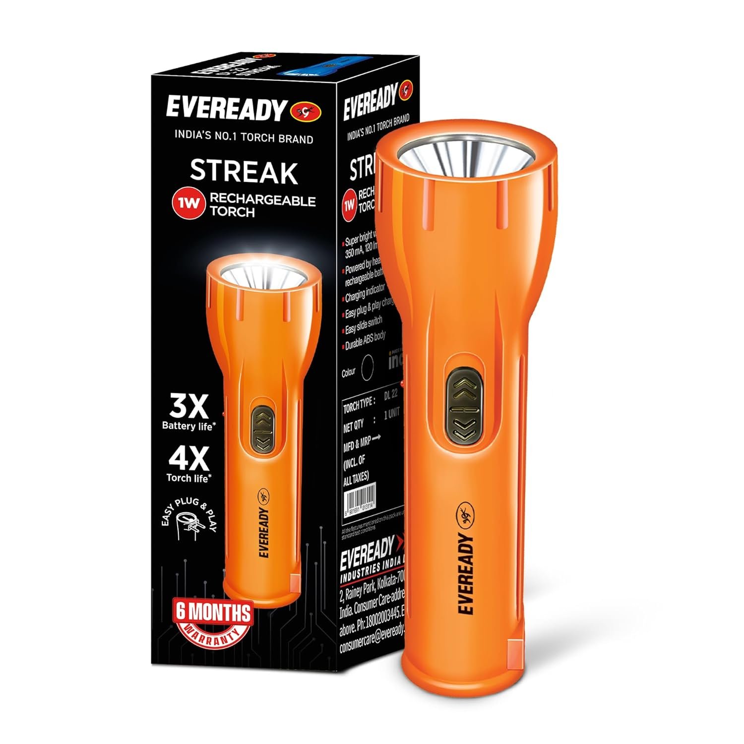EVEREADY Streak DL22, Rechargeable 1W Emergency Torch, Plug & Play Charging