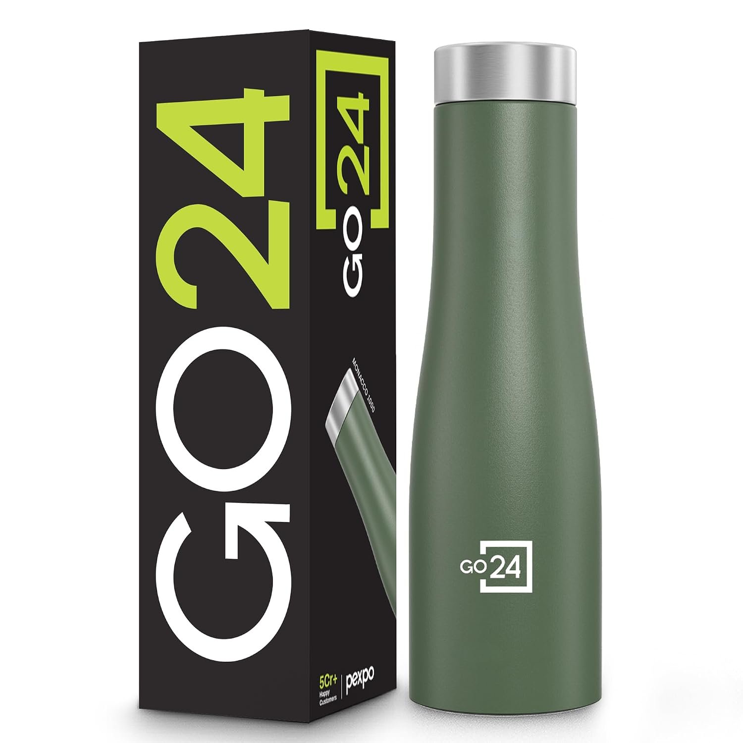 Go24 pexpo Monaco 1000 ISI Certified Stainless Steel Sports/Fridge Water Bottle with Steel Cap, 970ml, Military Green | BPA Free | Water Bottle for Office, Gym, School, Yoga, Trekking, Adults&Kids