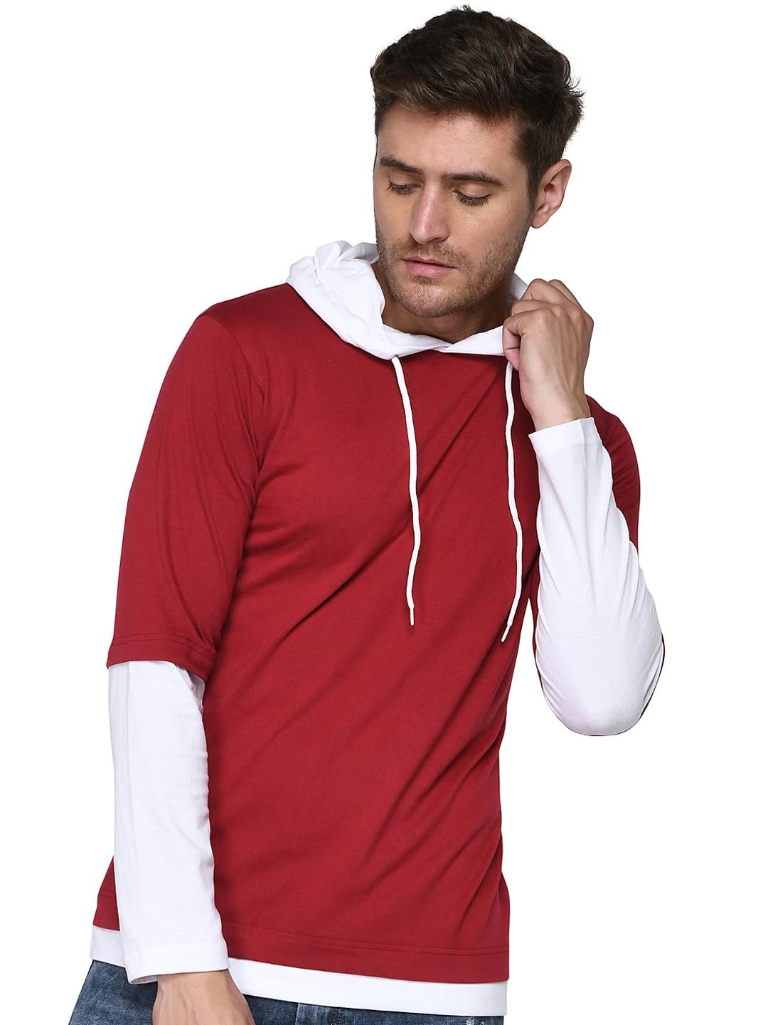 The SV Style Men's Layered Long Sleeve Hoodie, Red and White, Cotton Blend, Casual Pullover