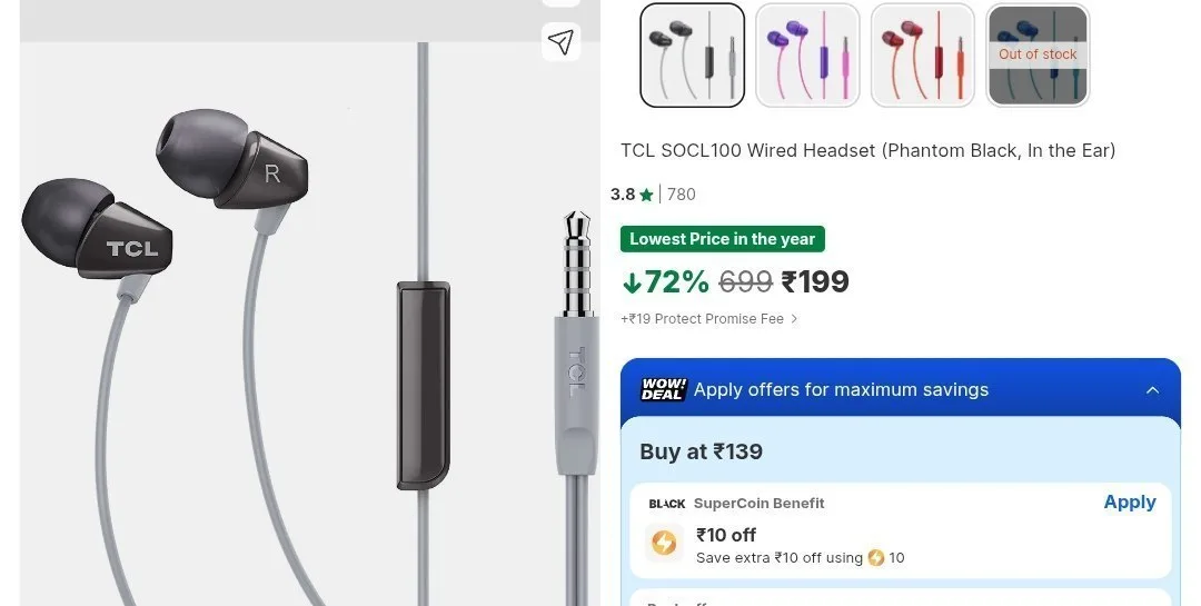TCL SOCL100 Wired Headset (Phantom Black, In the Ear)