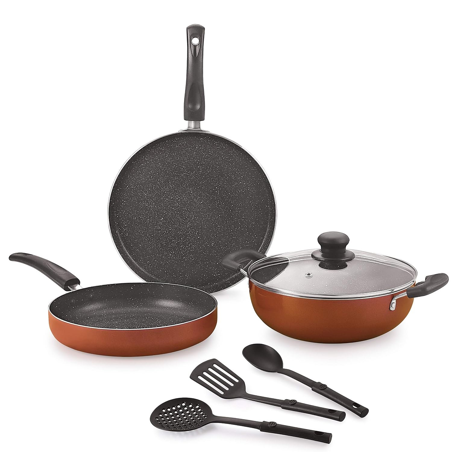 Nirlon Brownie Granite 7-Piece Aluminum Non Stick Cookware Combo Gift Set (Compatible with Gas & stovetops)