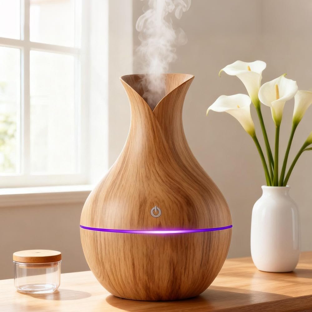 inrorans™ Aroma Diffuser with Wooden Finish, Ultrasonic Essential Oil Diffuser & Humidifier, LED Night Light, Quiet Air Freshener for Home Bedroom Office Spa (Light)
