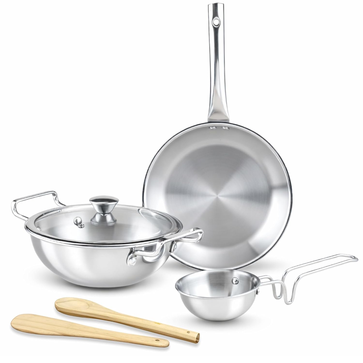 Kreme Platina Triply Stainless Steel Cookware Set 4 Pc - Superior Finish, Cool Grip Handle, Induction Compatible | 100% Non-Toxic, Nickel-Free | Frypan 1.45 L + Kadai 2.2 L & Tadka Pan 0.5 L with 