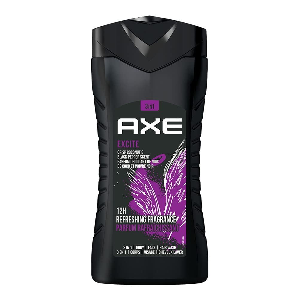 Axe Excite 3 In 1 Body, Face & Hair Wash for Men, Long-Lasting Refreshing Crisp Coconut & Black Pepper Fragrance for Up To 12hrs, Natural Origin Ingredients, Removes Odor & Bacteria, No Pa