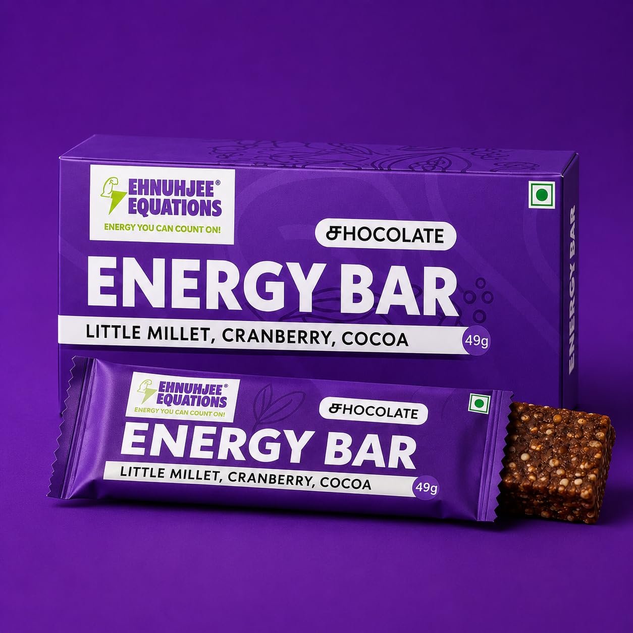 EHNUHJEE EQUATIONS Chocolate Flavour pack of 8 Energy Bars - 100% Millet Based | Vegetarian | 392g (49g X 8) | No refined sugar | Healthy Chocolate Snack | For Pre & During Activity | Easy to chew