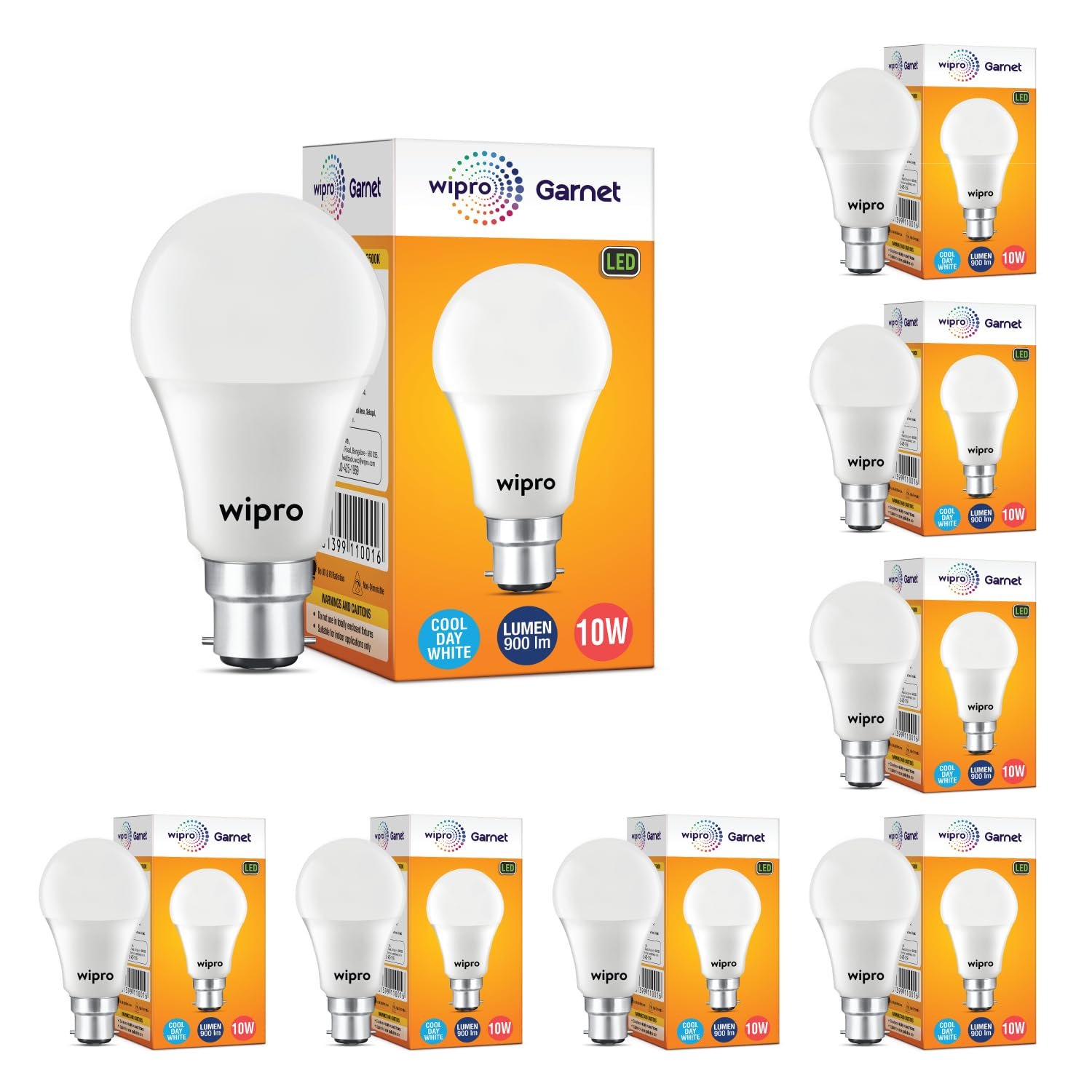 Wipro Garnet 10W B22 LED Bulb, Coolwhite (Pack of 8)