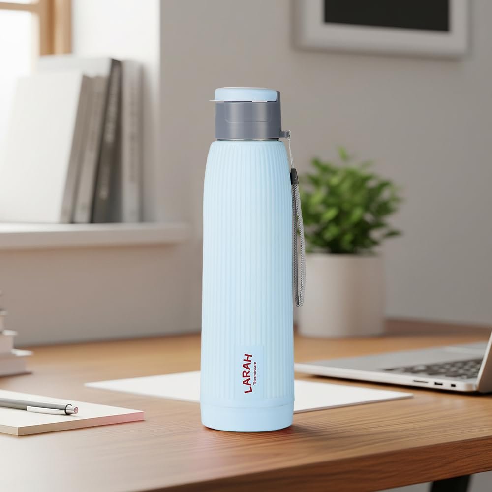 Larah by Borosil 700 ml Lava Sky Blue Stainless Steel Water Bottle | Made in India Pu Insulated Thermoware | Leakproof, BPA Free| Bottle for Office, School, College & Gym, Daily Use | 1 Year Warra