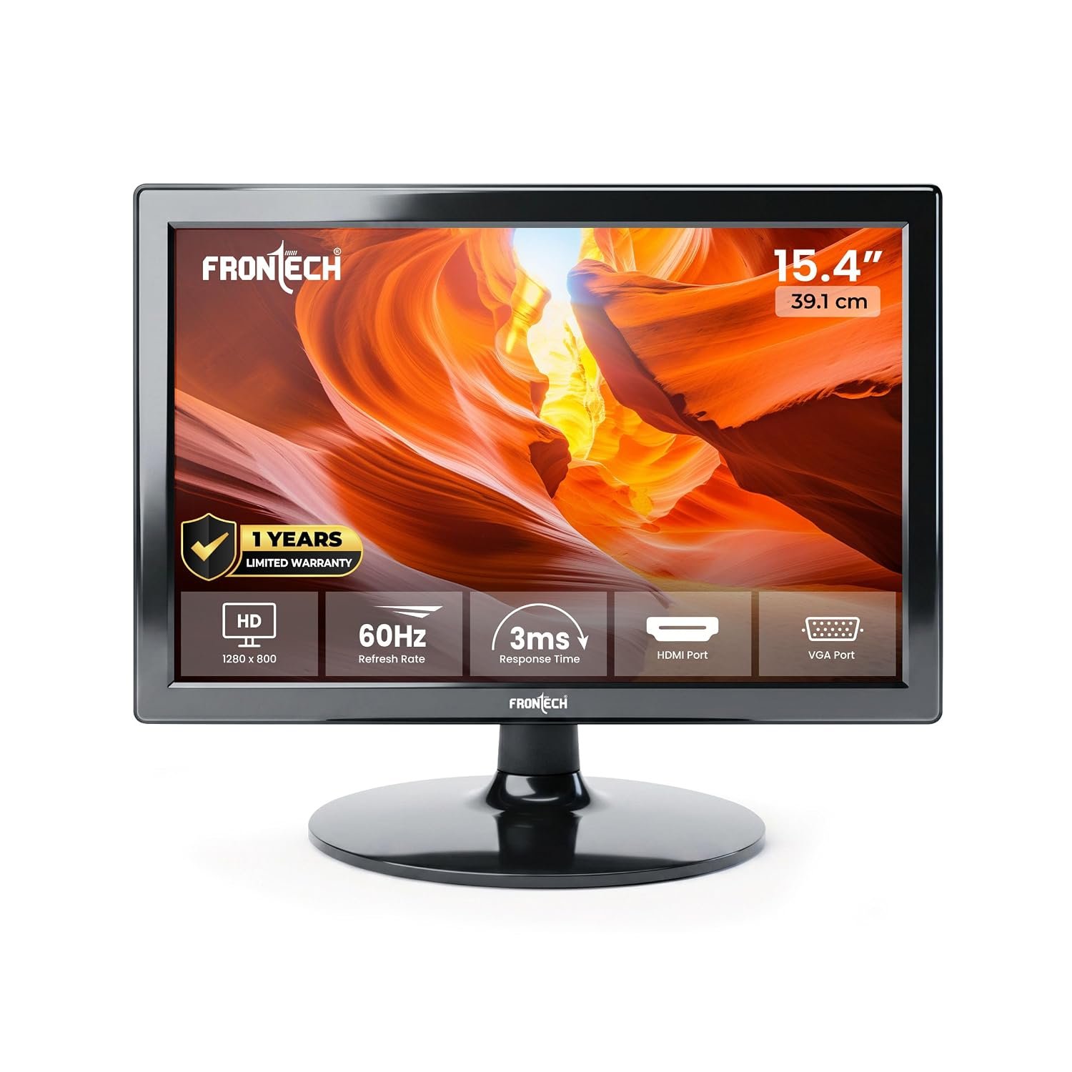 FRONTECH 15.4 Inch HD LED Monitor, Refresh Rate 60 Hz,1280 x 800 Pixels, Wall Mountable Slim Stylish Design with 16.7M Colors, HDMI & VGA Ports, Built-in Power Supply (MON-0068,Black)