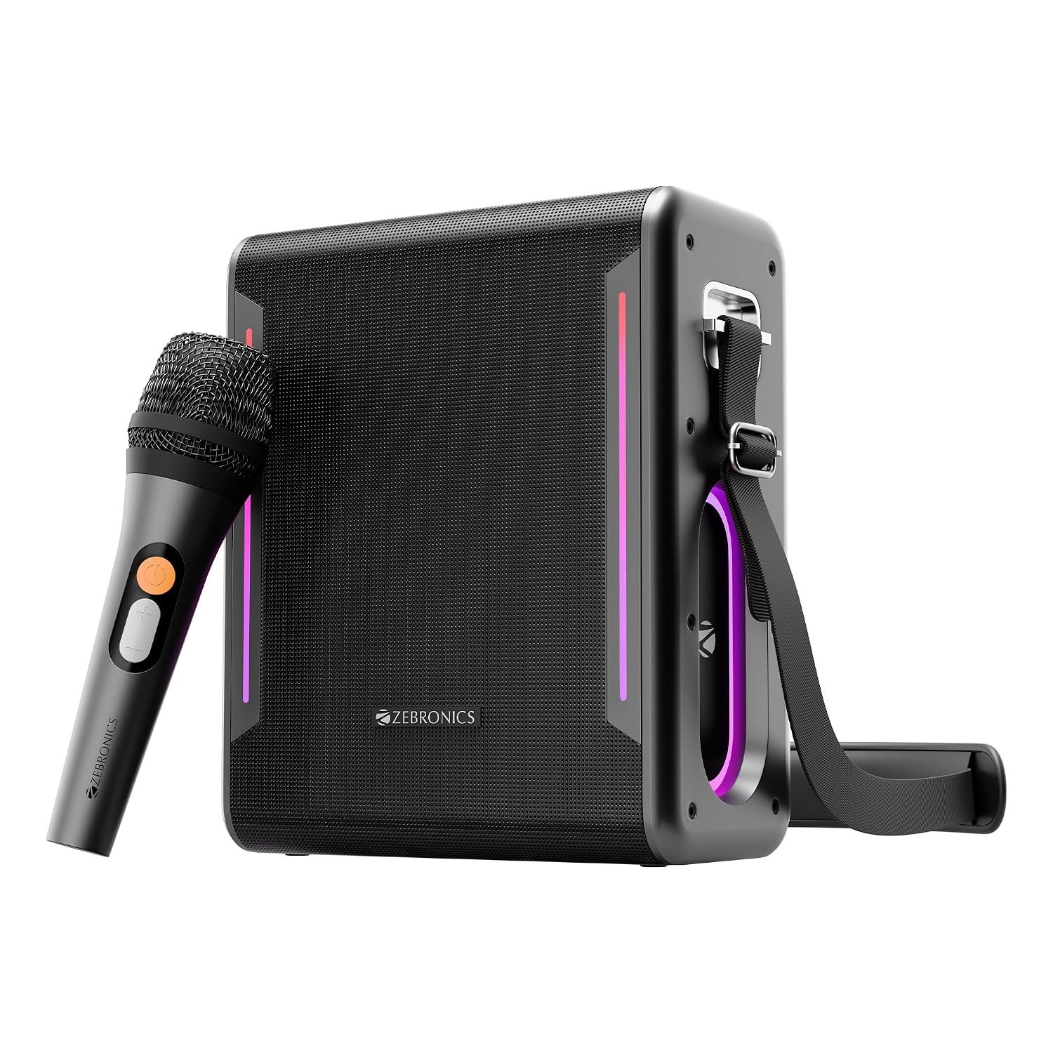 ZEBRONICS Axon 150 Portable Bluetooth Speaker, 100W RMS, Built-in Power Bank, Zeb AcoustiMax DSP, Dual Passive Radiators, Up to 7h Playback, RGB Lights, BT v5.3, USB, mSD, AUX, Wireless Mic (Black)