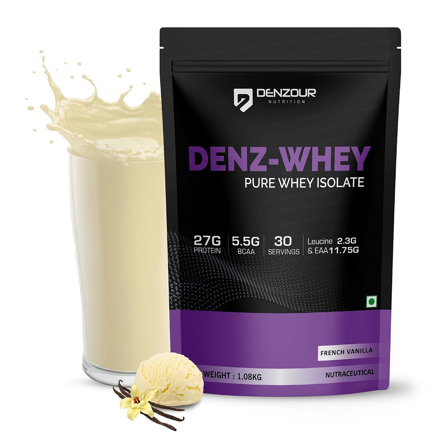 DENZOUR NUTRITION Denz-Whey Isolate Protein Powder – 27g Protein, 5.5g BCAA | Fast Absorbing & Easy Digestion | Lab Tested | Supports Muscle Recovery & Strength | French Vanilla | 1.08kg, 30 S