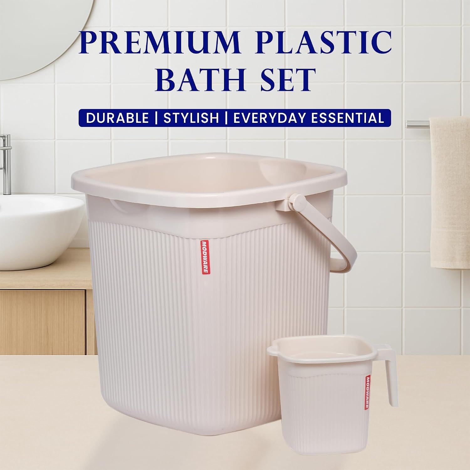 Modware Square Ribbon Plastic Bucket Set with Mug | 25L Brown Bathroom Bucket with Handle + 1.5L Mug | Heavy-Duty Polypropylene + Co-Polymer | Stylish & Durable Bath Set (Cream 25 L)