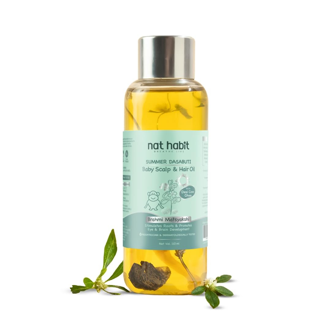 Nat Habit Summer Baby Hair Oil for Kids 0-5 Years | Ayurvedic Hair Oil for Baby with Brahmi, Matsyakshi & Dasabuti | Baby Hair Growth Oil with Desi Ghee & Cold Pressed Oils | Cools Body, Aids 