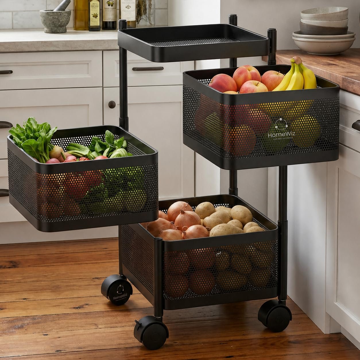 HomeWiz Square Kitchen Rack 3- Layer | Lifetime Usage Heavy Duty Steel Trolley | Kitchen Storage | Onion Potato Rack For Kitchen | Multipurpose Storage Rack for Fruits & Vegetables | Rust-Free For