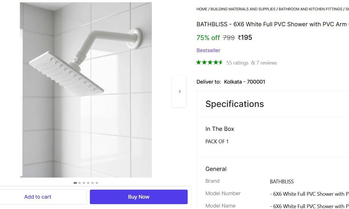 bathbliss 6x6 white full pvc shower arm complete set head
