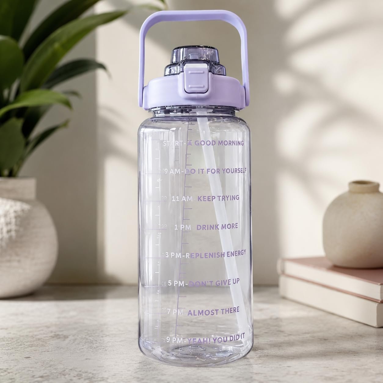 ZUDELLA 2L-Capacity Belt Straw|Transparent Motivational Water Bottles|Time Marker Leak Proof&Break-Proof|Best Usage Sportt/Traveling Bottles| Purple