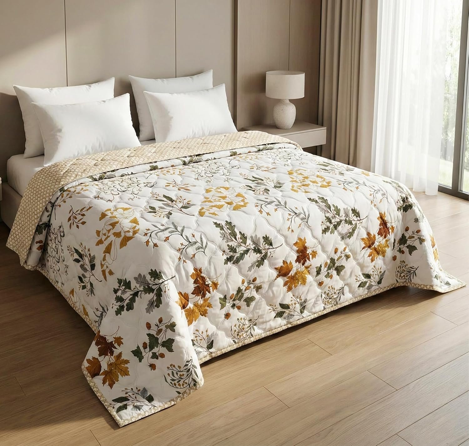 BSB HOME Ultrasonic Quilted AC Comforter 220 GSM|Premium Microfiber Reversible All Season Blanket for Double Bed | Ultra Soft Lightweight Quilt Duvet | 225 x 220 cm (Yellow & Beige)