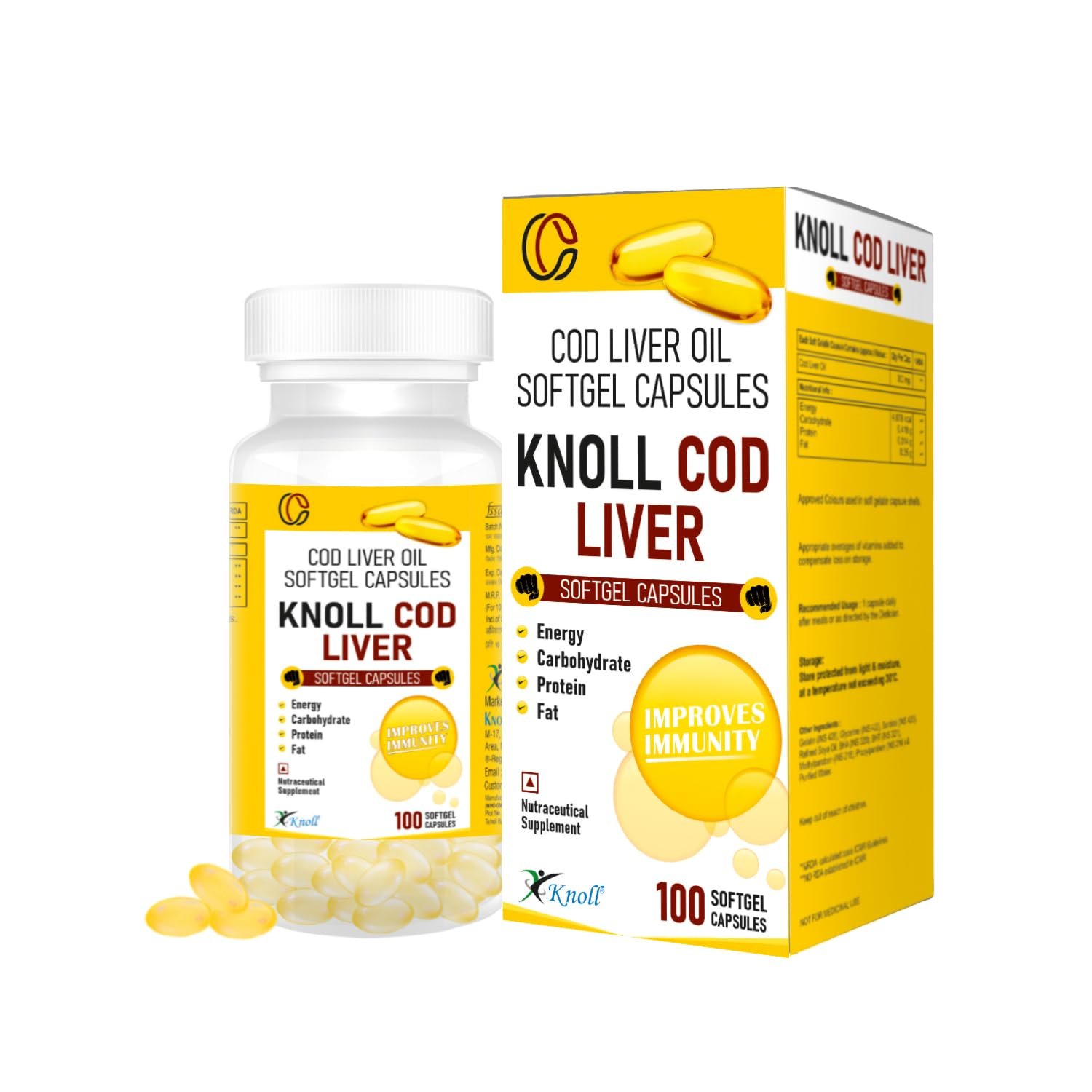 Knoll Healthcare Cod Liver Oil 100 softgel Capsules With Natural Omega 3, Natural EPA & DHA |Vitamin D & A | For Immune Health, Healthy Heart, Brain, Eyes, Joints & Muscles- Pack of 100 Ca