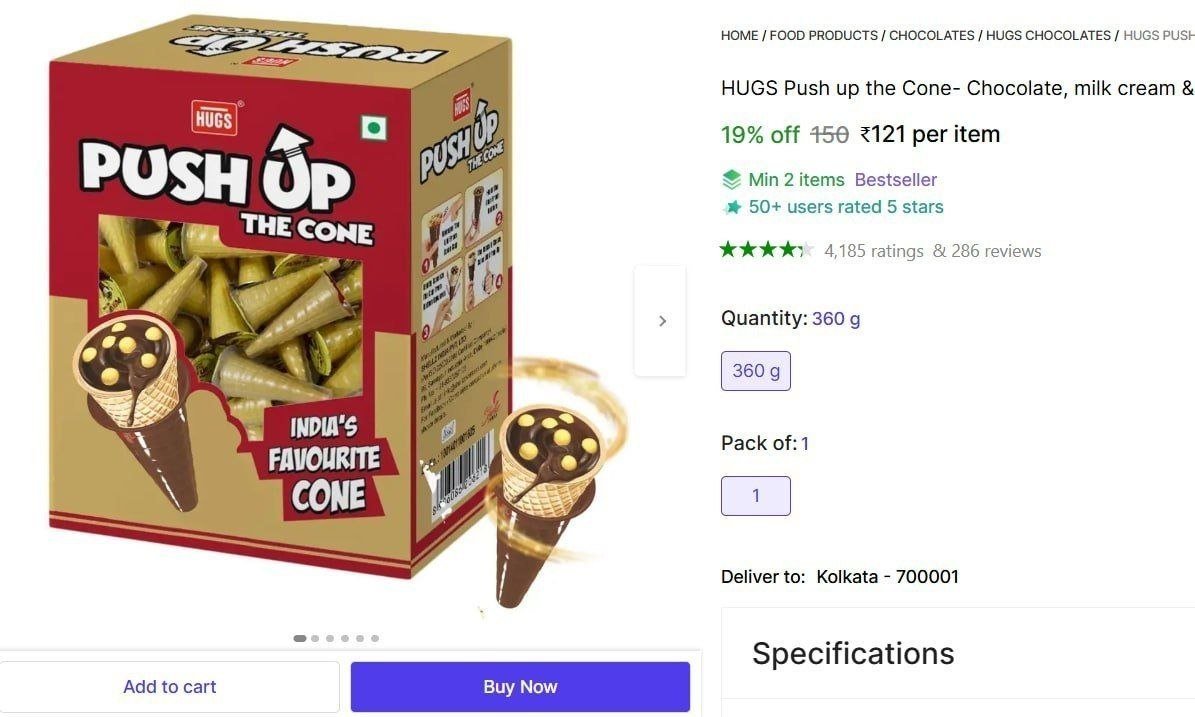 hugs push up cone chocolate milk cream biscuits wafer cone 30 pcs crackles