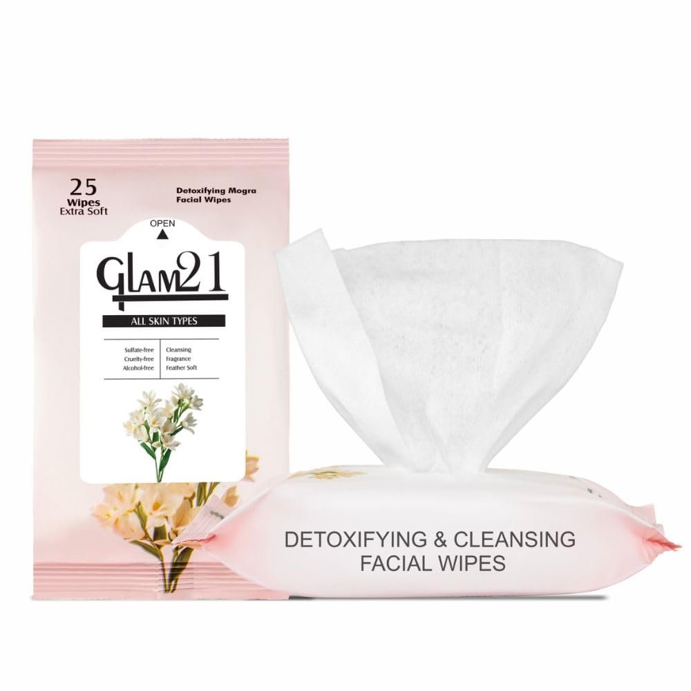 Glam21 Facial Wipes | Super-Soft, Moisturizing & Refreshing | Effectively Cleans Dust, Dirt & Impurities | Gentle Daily Use Makeup Wipes | Pack of 25 PCS- Mogra