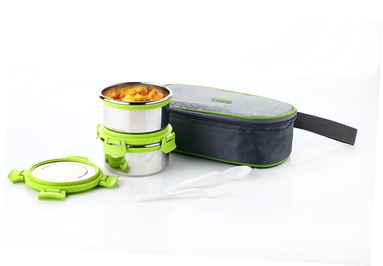 Ganesh Sigma Twin Airtight & Leak Proof Container Lunch Box with Bag 300 ML (Stainless Steel - Multicolor)