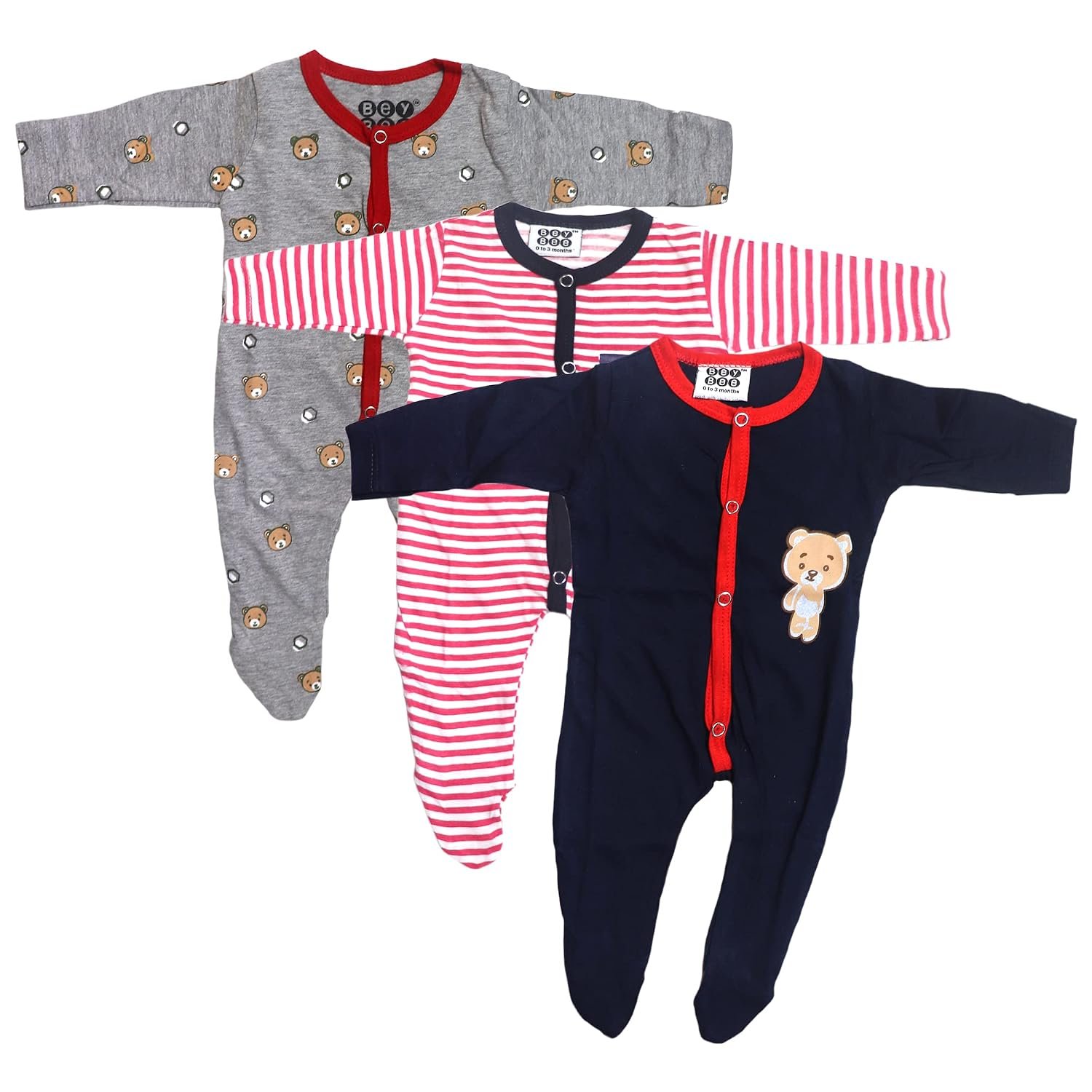 BeyBee Front Open Full Sleeves Sleepsuit with Foot Easy Dressing Romper Set of 3 for Jumpsuit, Nightsuit