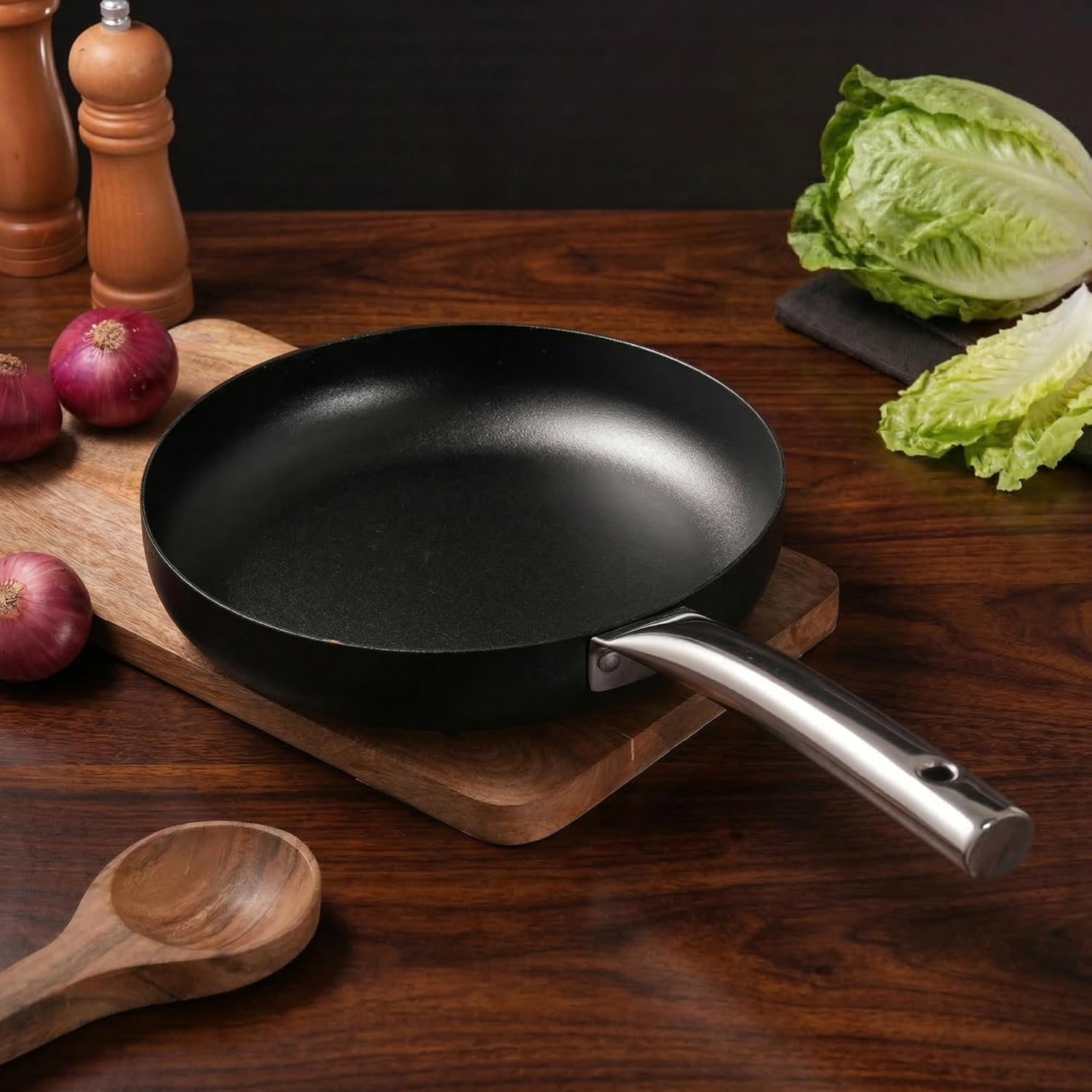Lifelong Carbon Steel (Iron) Fry Pan 24cm | High Heat Stir Fry & Searing Pan with Long Stainless Steel Handle | Naturally Seasoned Non-Stick Surface | Induction & Gas Compatible | Lightweight 