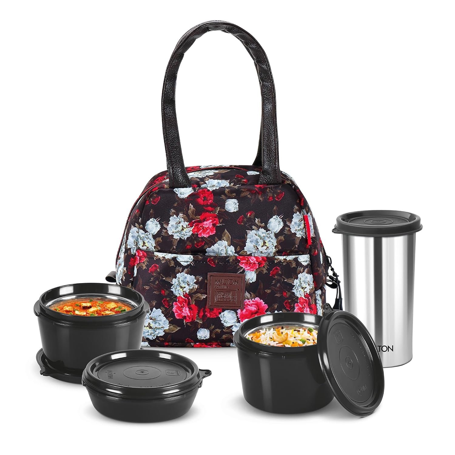 Milton Floret Lunch Box with Insulated Fabric Jacket, 3 Microware Safe Inner Stainless Steel Containers 180ml, 320ml, 320ml &Tumbler with lid 415ml, Leakproof Tiffin for Office, College, Picnic, B
