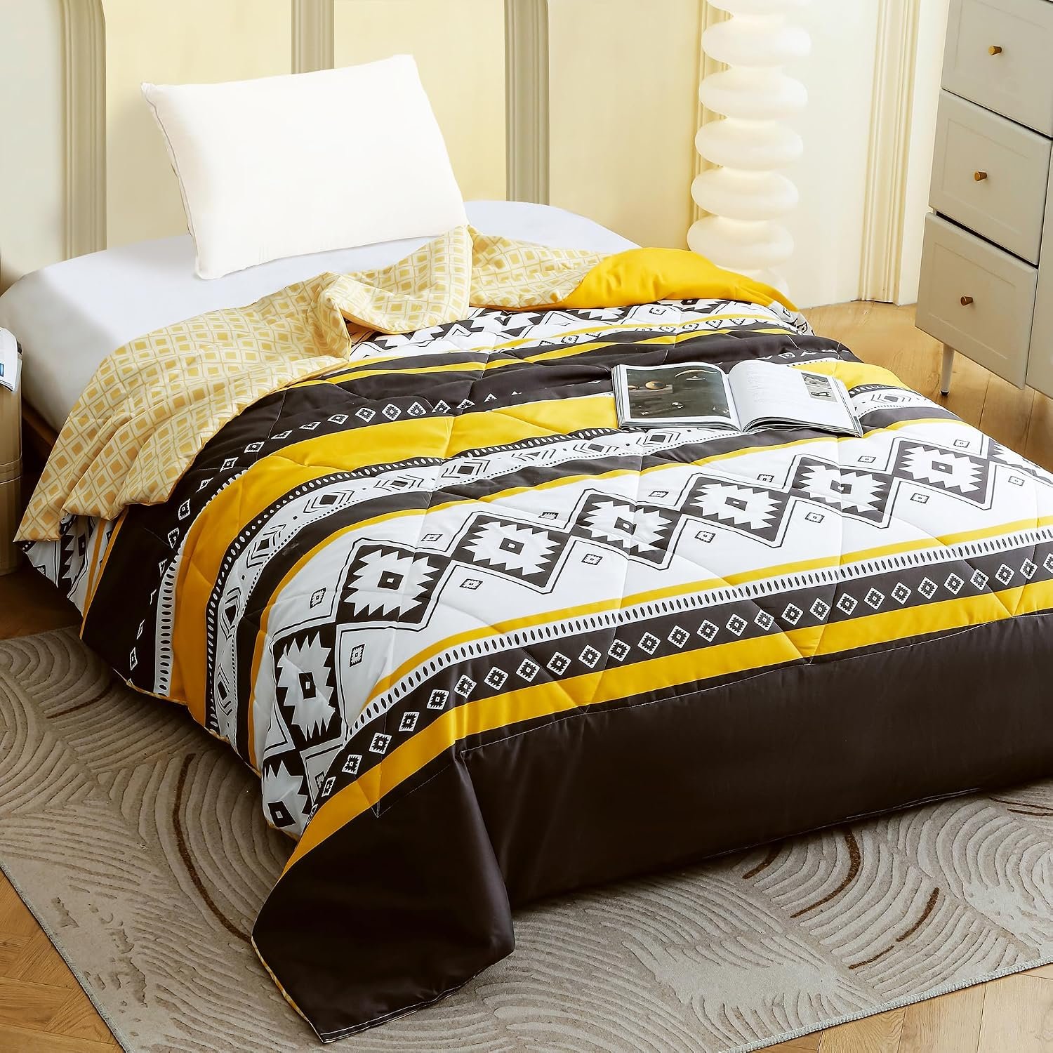 Ac Comforter Single Bed Boho with Satin Finish 240 GSM - Reversible AC Comforter -Black & Yellow, Aztec Comforter Quilt Duvet Dohar Blanket for Mild Summer 150 X 225 cm