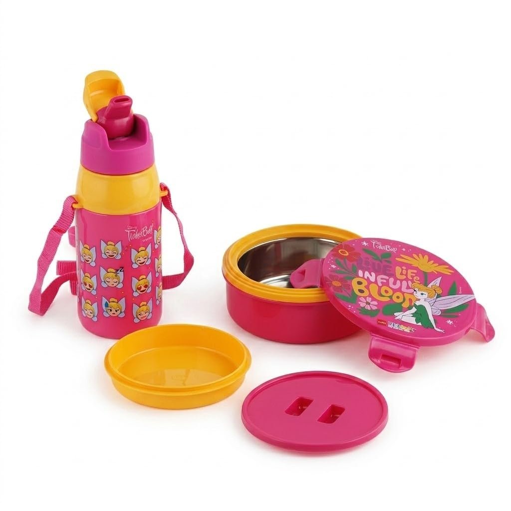 CELLO Kidzbee Star Gift Lunch Box 390ml and Water Bottle Set for School Kids, Pink | 3D Touch & Feel Tinkerbell Design, Leak Proof Airtight Kids Lunch Box Water Bottle Combo for Travel Picnic Gift