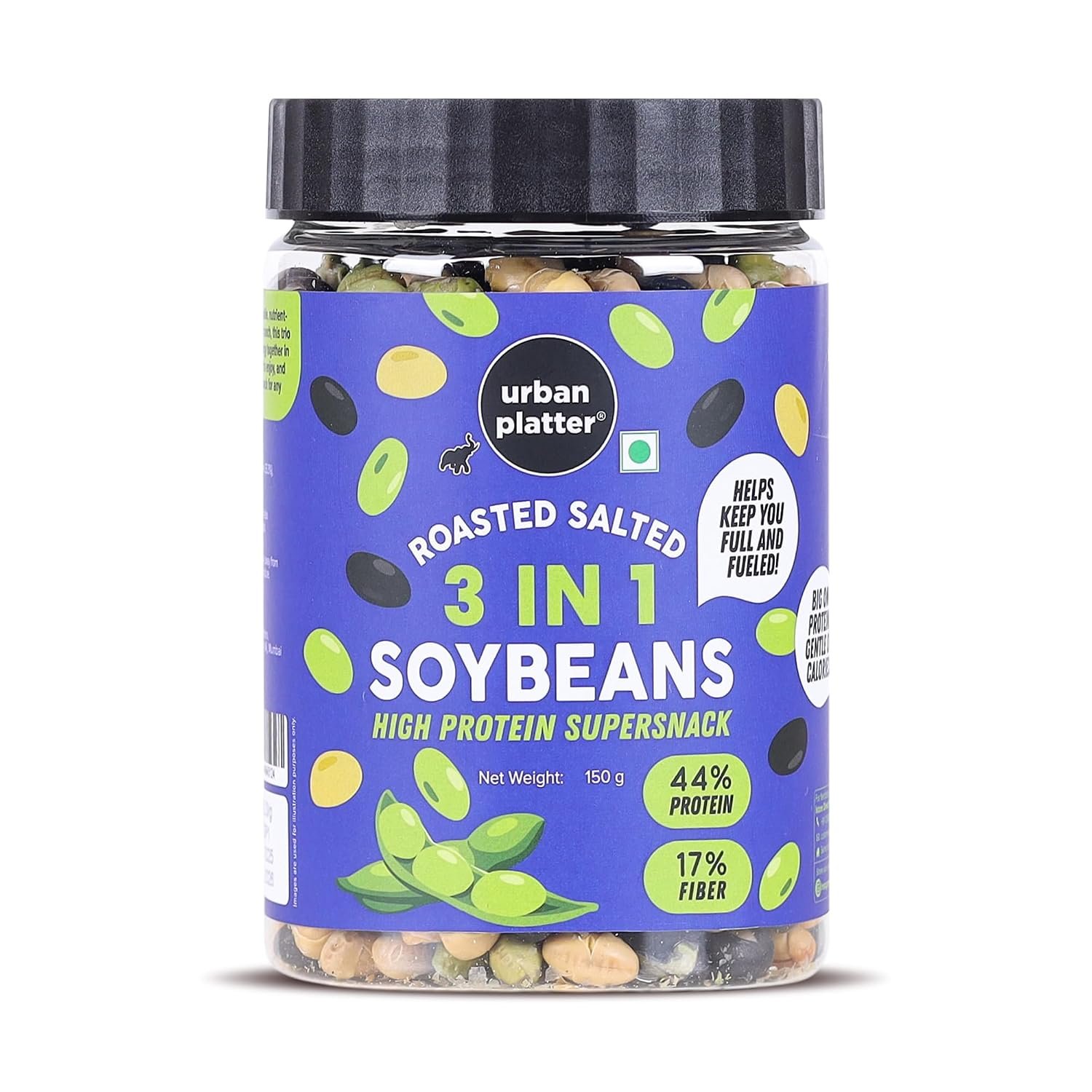Urban Platter Roasted Salted 3-in-1 Soybean, 150g (44% Protein, 17% Fiber, Lightly Salted Green Edamame, Black & White Soybeans, Highest Plant Protein Supersnack)