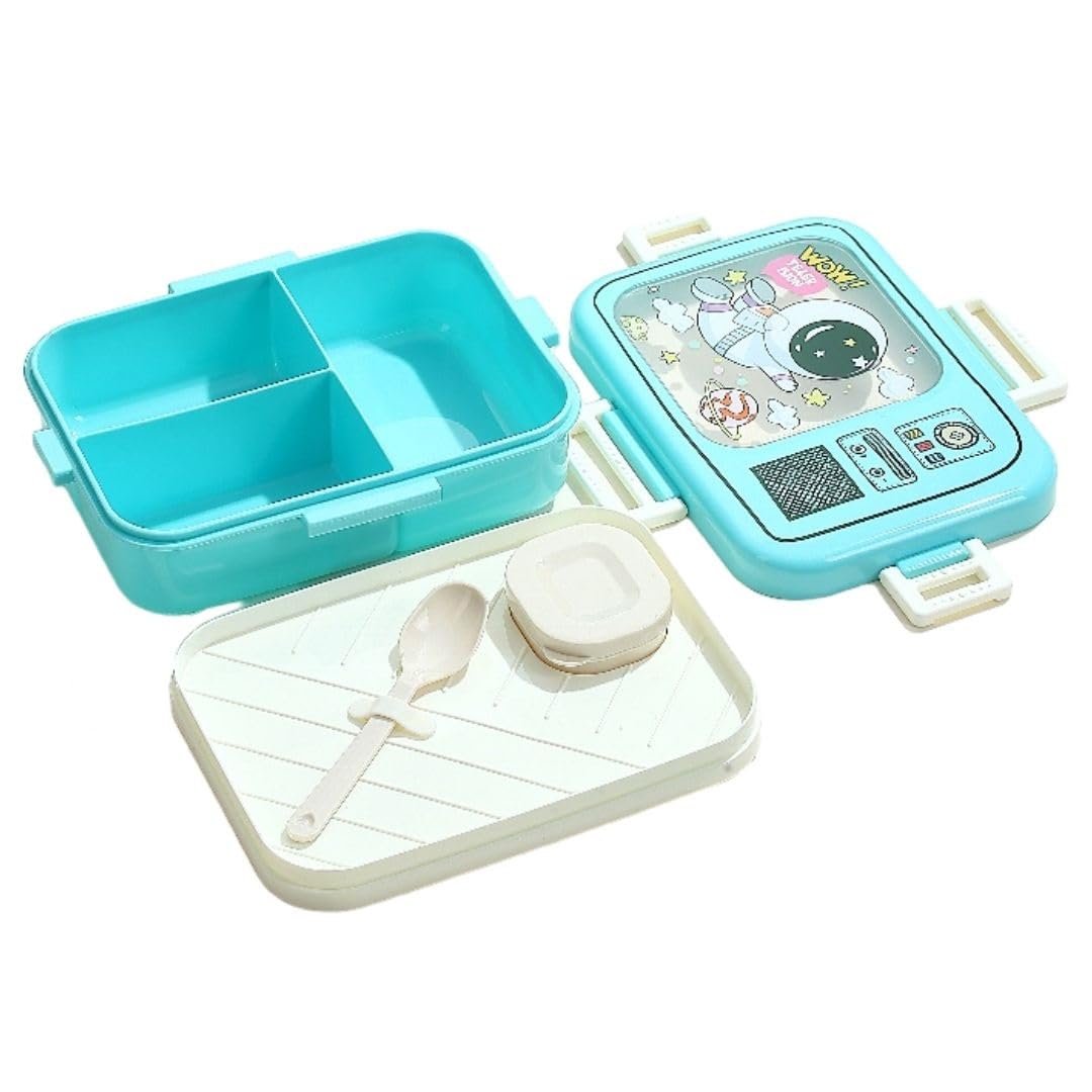 ATTRO Craze Space Theme Kids Lunch Box with 3 Compartment, 1 Separate Internal Lid, 1 Small Container & Spoon Microwave Safe- 1290ml+70ml Blue