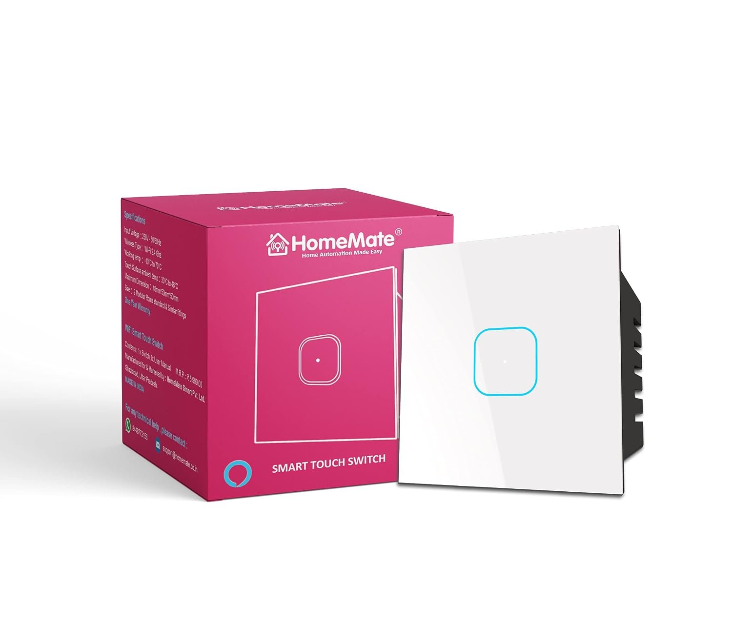 HomeMate ® FR Grade Poly Carbonate Wi-Fi Smart 24 A Touch Switch No Hub Required, Works with Amazon Alexa, Google Assistant and Siri (White)
