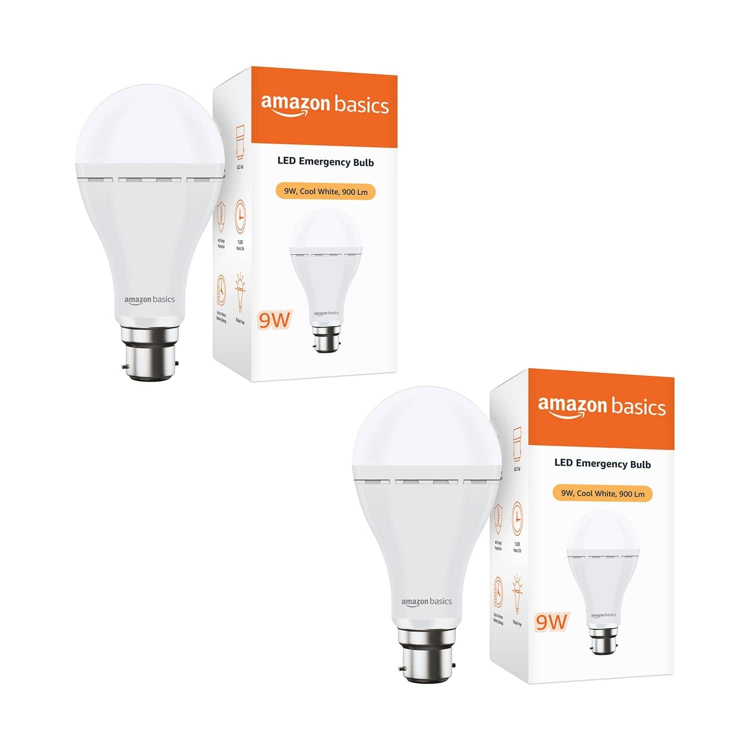 Amazon Basics - Rechargeable 9W LED Emergency Inverter Bulb, Cool White (Base B22, Pack of 2)
