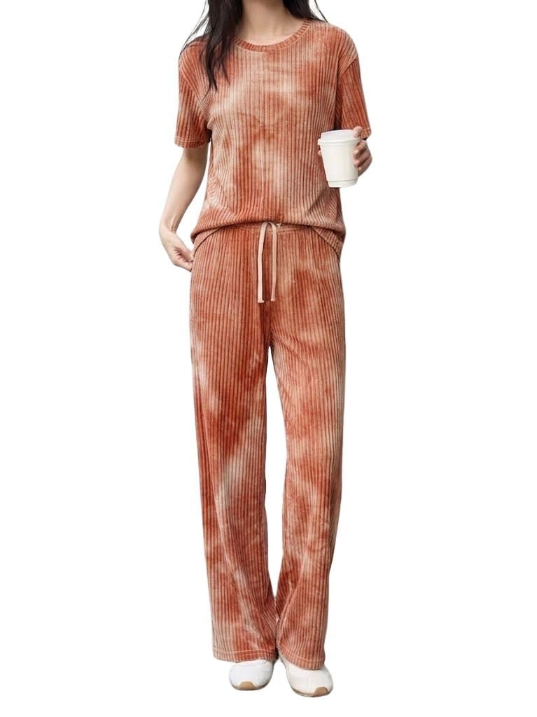SMOWKLY Korean Night Dress |Summer wear | Lounge Wear |Everyday Pyjama Set |Tie-dye Relaxed Fit Stylish Pajama Sets | Short Sleeve Top & Long Pant Sleepwear Pjs Lounge Set Co-ords Outfit with Pock