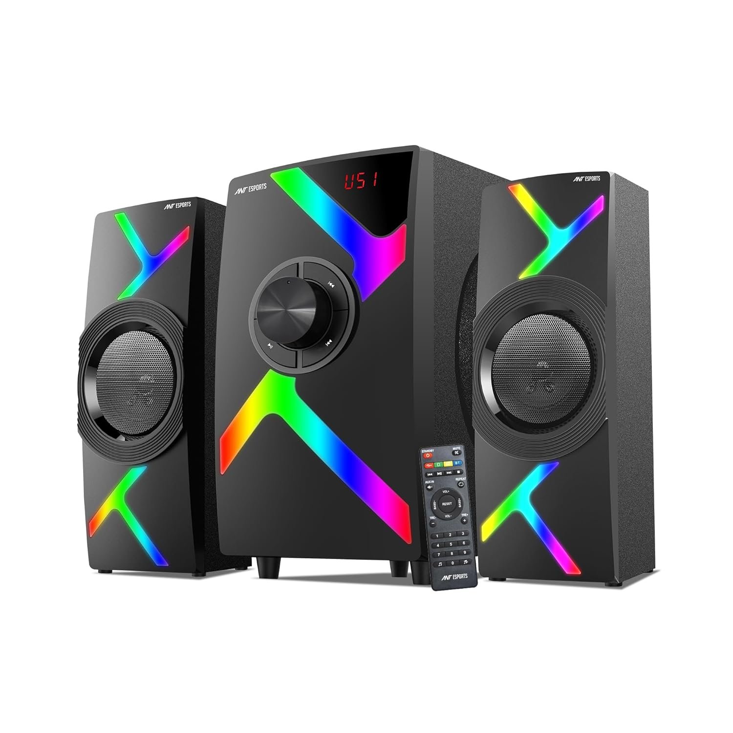 Ant Esports GS80,80W 2.1 Channel Bluetooth Multimedia RGB Speaker with Subwoofer Satellite Speaker, Digital LED Display, Remote, Digital FM, USB & SD Card, Strong Bass, Perfect for Music – Gun Bla
