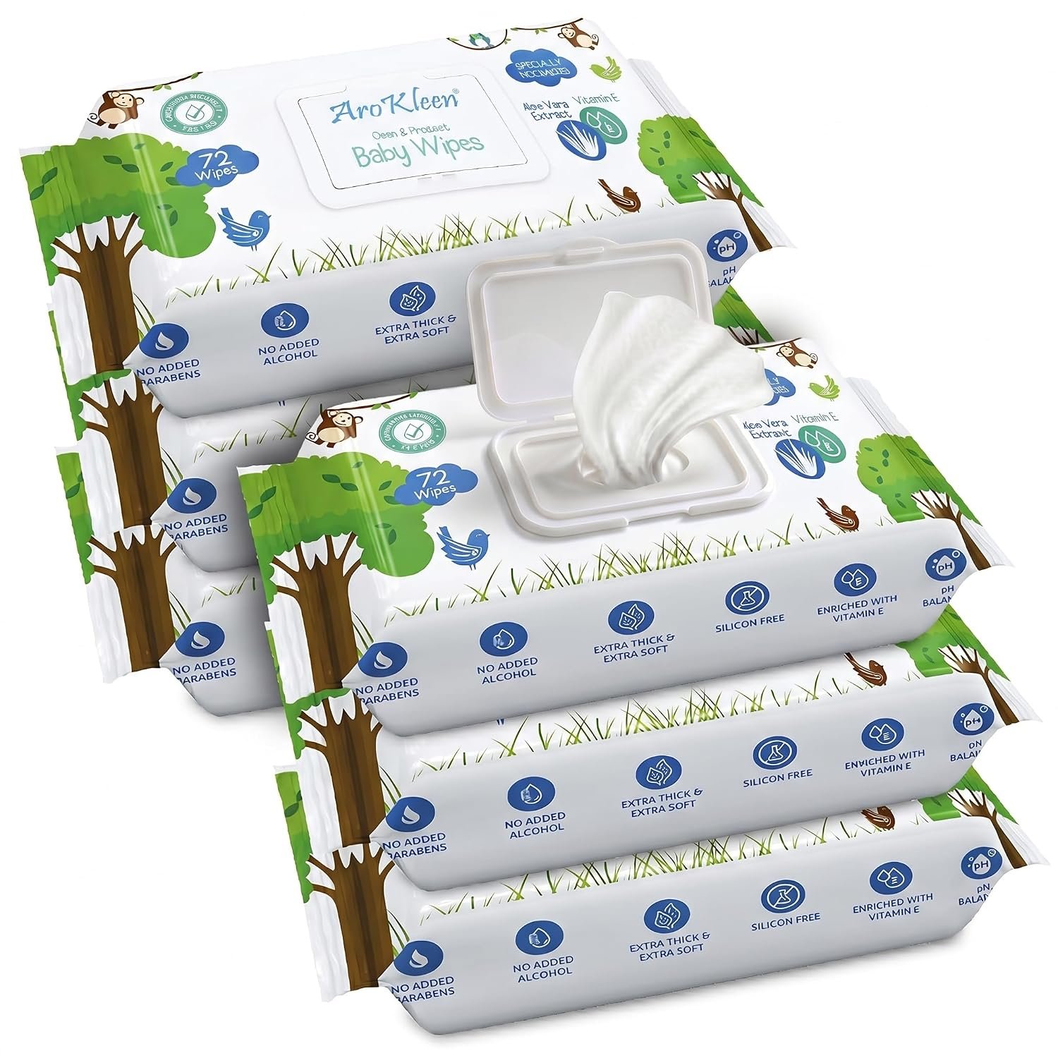 Arokleen Baby Gentle Wet Wipes with Lid | 432 Wipes - Pack of 6 | Enriched with Aloe Vera & Vitamin E | pH Balanced | Dermatologically Tested | Paraben & Sulphate Free | Prevents Rashes & 