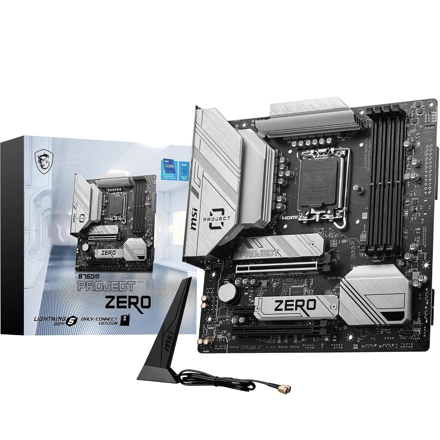 MSI B760M Project Zero, Back-Connect Micro-ATX - Supports 14th/13th/12th Gen Intel Core Processors, LGA 1700-75A DrMOS VRM, DDR5 Memory Boost 7800+MHz/OC, PCIe 5.0 x16, 2 x M.2 Gen4, Intel Wi-Fi 6E