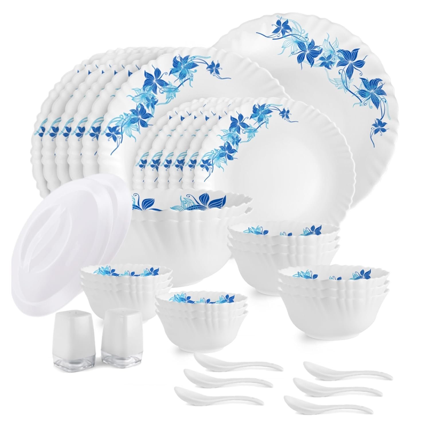 CELLO Blue Swirl Dazzle Series Opalware Dinner Set of 37 Pieces for Family of 6 | Bone-Ash Free & Leadfree Opal Glass, Microwave & Dishwasher Safe, Plates & Bowls Crockery Set for Dining &