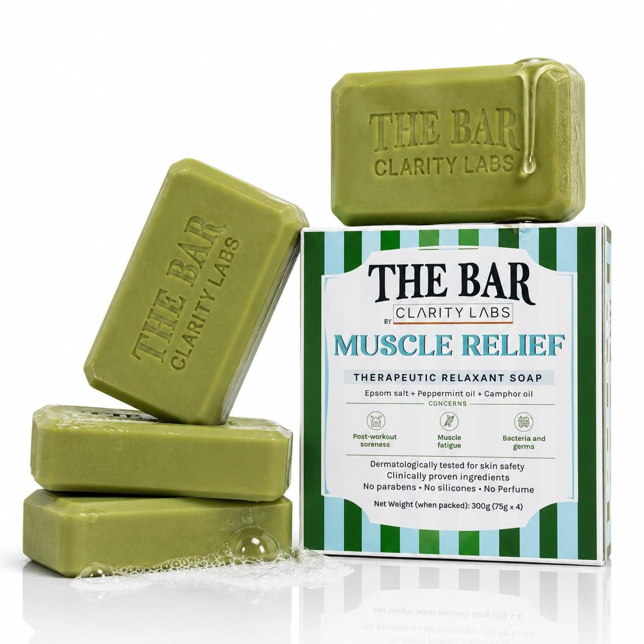 Clarity Labs Muscle Relief Epsom Salt Bathing Bar for Sore Muscles, Pack of 4 x 75g, Magnesium Chloride with Eucalyptus, Camphor, Peppermint, Post Workout Recovery Soap for Men and Women
