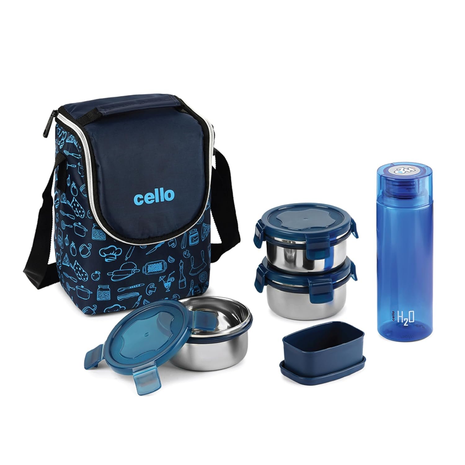CELLO Complete Meal Lunch Box Set with Jacket for Office Use Blue | 3 x 300ml Steel Container, 1 x 130ml Pickle Container, 500ml Water Bottle with Spoon & Fork | Airtight Tiffin Box Set for Daily 