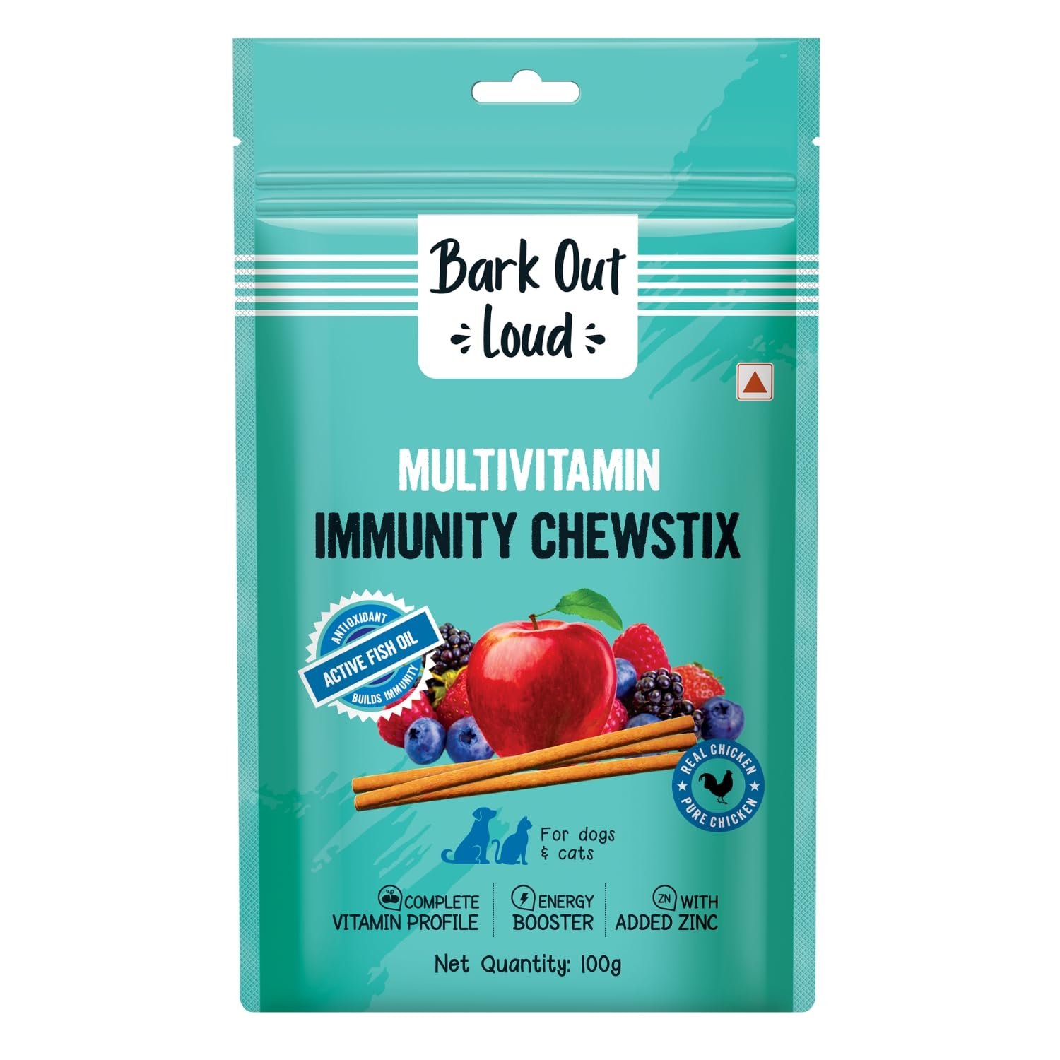BARK OUT LOUD - Multivitamin Dog Treats, Fresh Chicken Immunity Chewstix with Omega & Zinc to Boost Health & Vitality for Dogs & Cats of All Life Stages - 100g (Pack of 1)