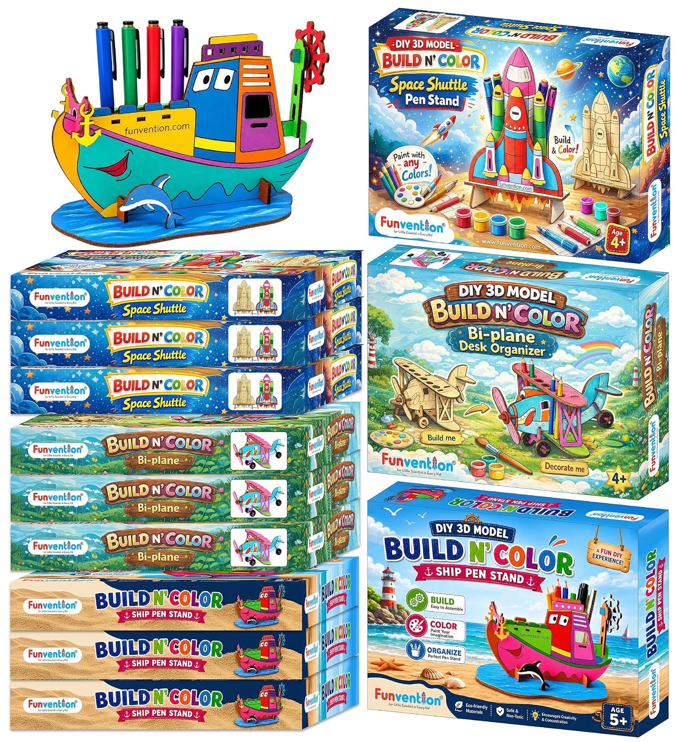 Funvention (Combo of 12) | Birthday Return Gifts |3D Ship, Space Shuttle & Biplane Desk Organizer & Pen Stand | DIY Art & Craft Activity | Build, Paint & Play | Puzzle for Kids Boys &a