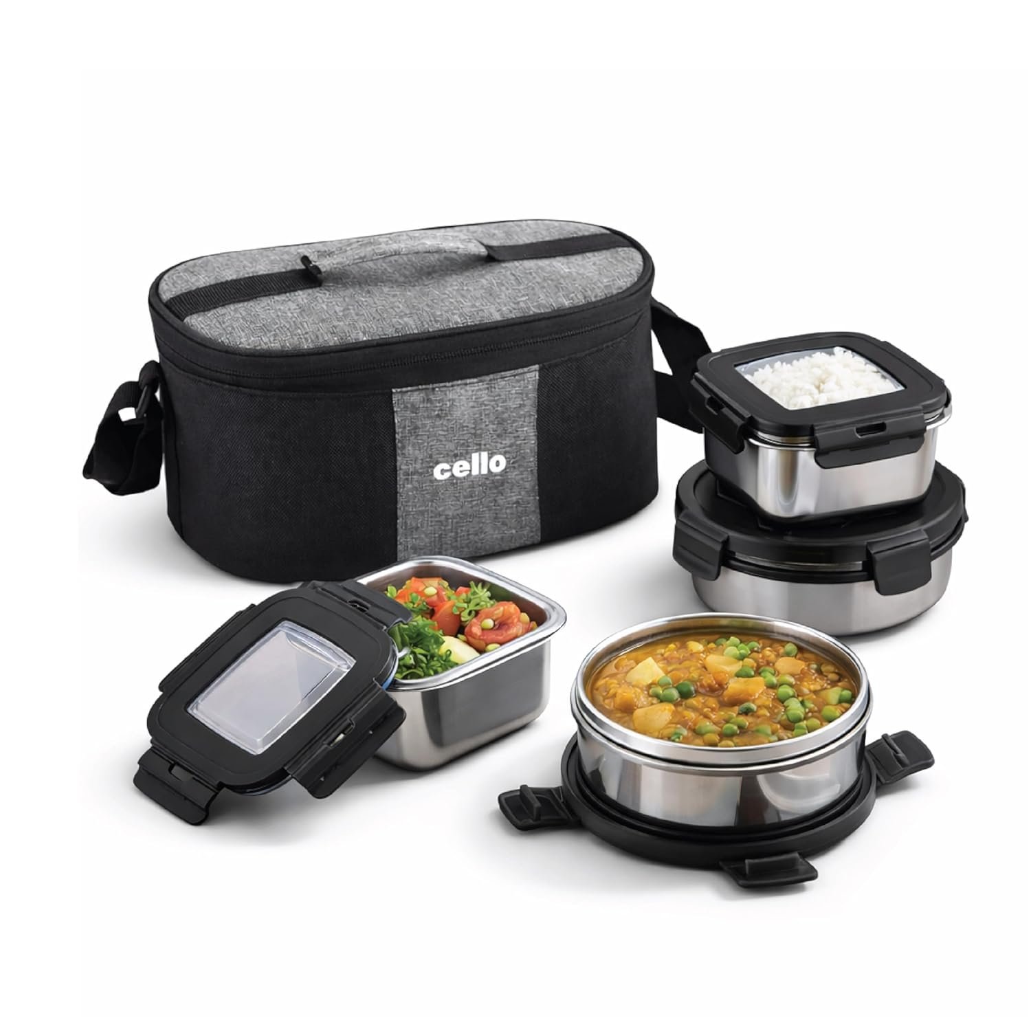 CELLO Duet Set of 4 Pcs Stainless Steel Lunch Box with Bag for Office Use, Black | 2 x 400ml Round, 2 x 400ml Square Steel Containers with Fork & Spoon, Leak Proof Airtight Steel Tiffin Box for Tr