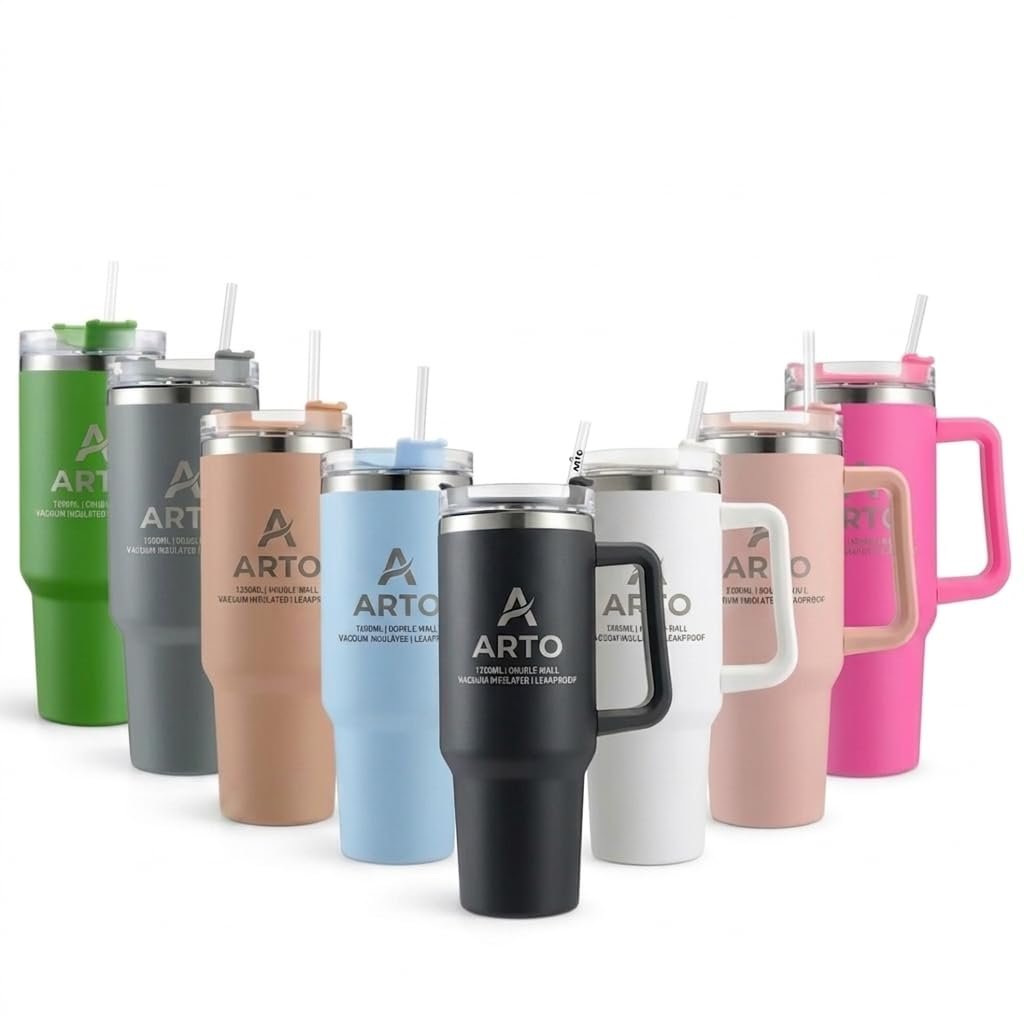 Arto Stainless Steel Insulated Tumbler with Handle and Straw, 1200 ml, Leakproof Lid, Cup Holder Friendly – Multicolour (POF-1)