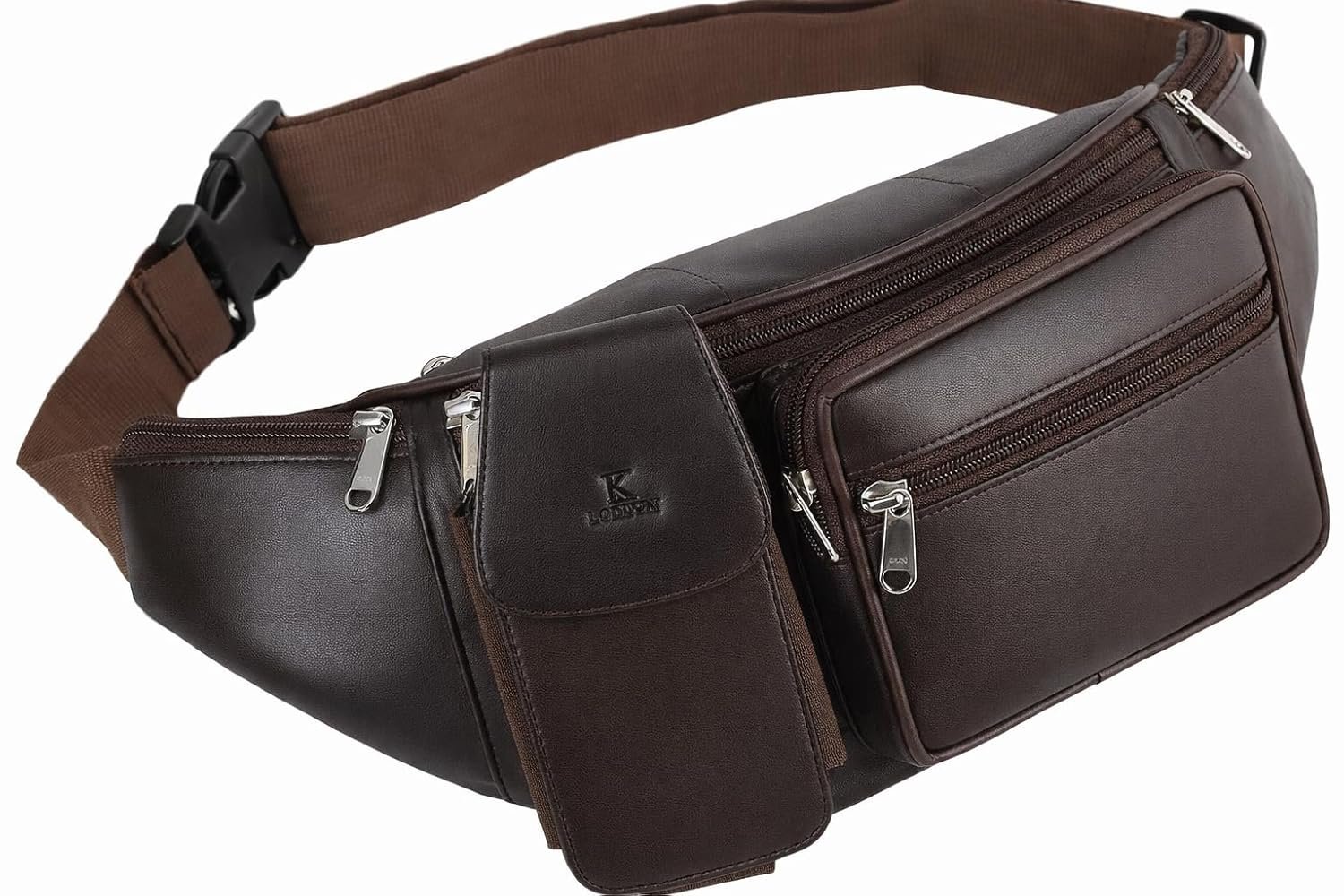 K London Genuine Leather Waist Bag for Men & Women | Brown Travel Pouch, Passport Holder & Belt Bag | Multi Pocket Fanny Pack with Adjustable Strap | Stylish Crossbody Utility Bag (1276_BRN)
