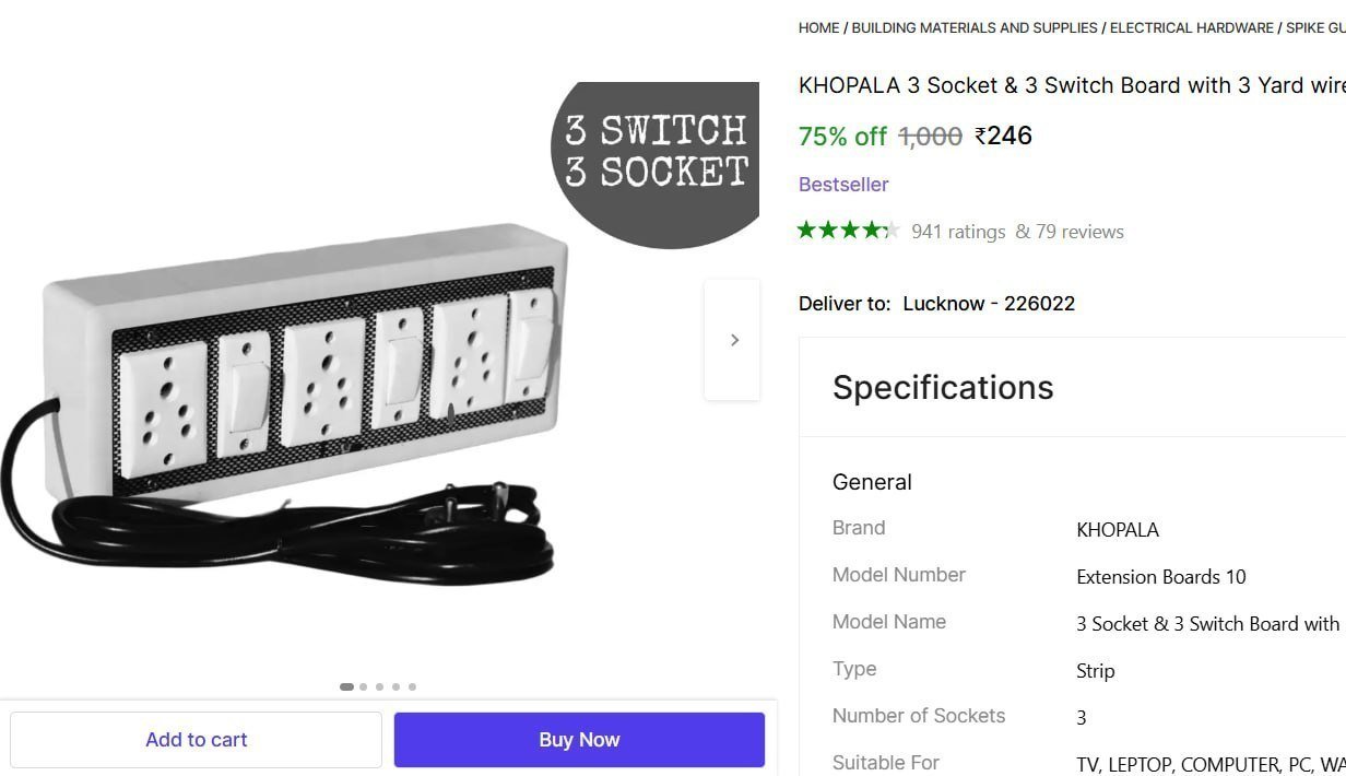 khopala 3 socket switch board yard wire extension boards