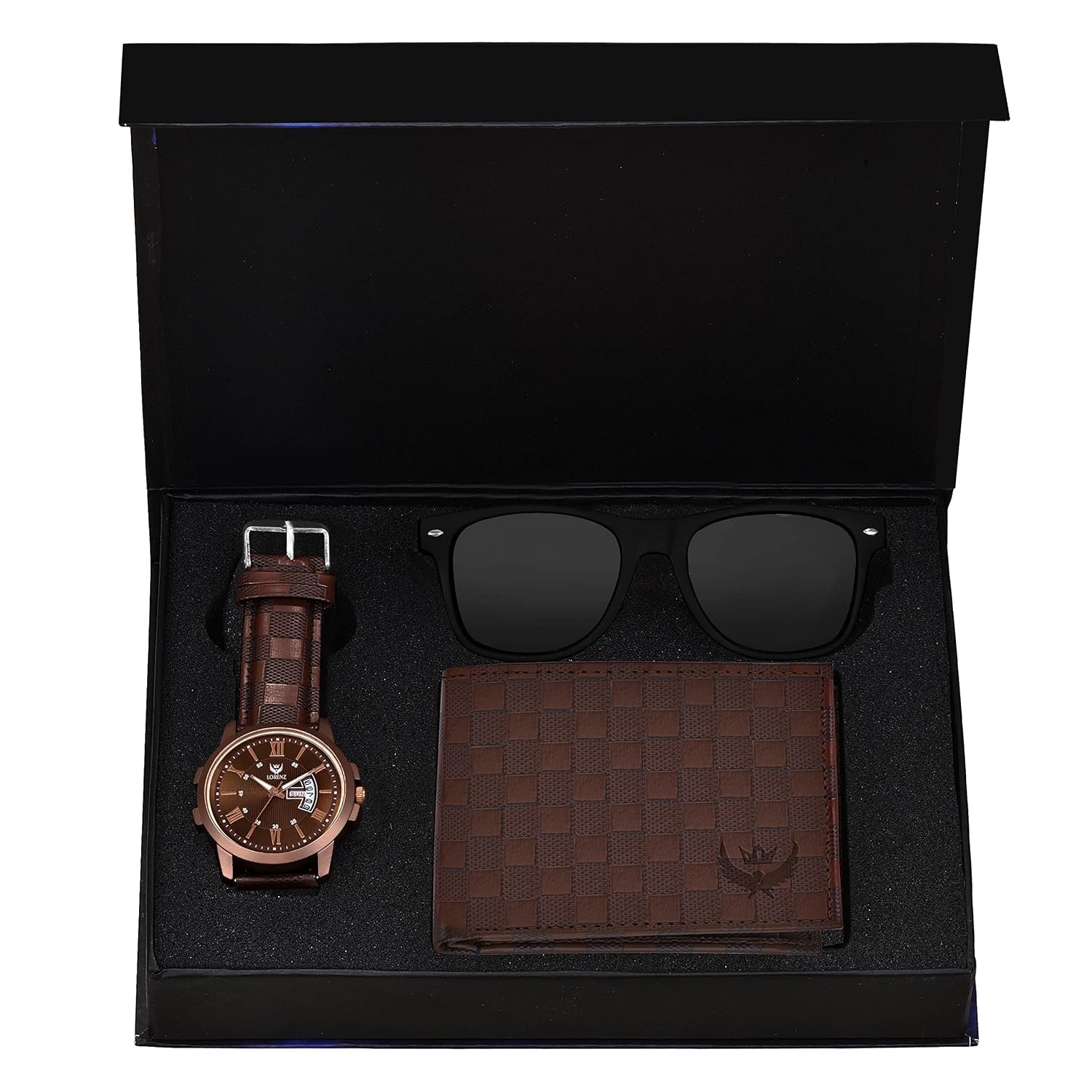 LORENZ Brown Dial Watch, Brown Wallet & Black Sunglasses Gift Box Combo for Men & Boys