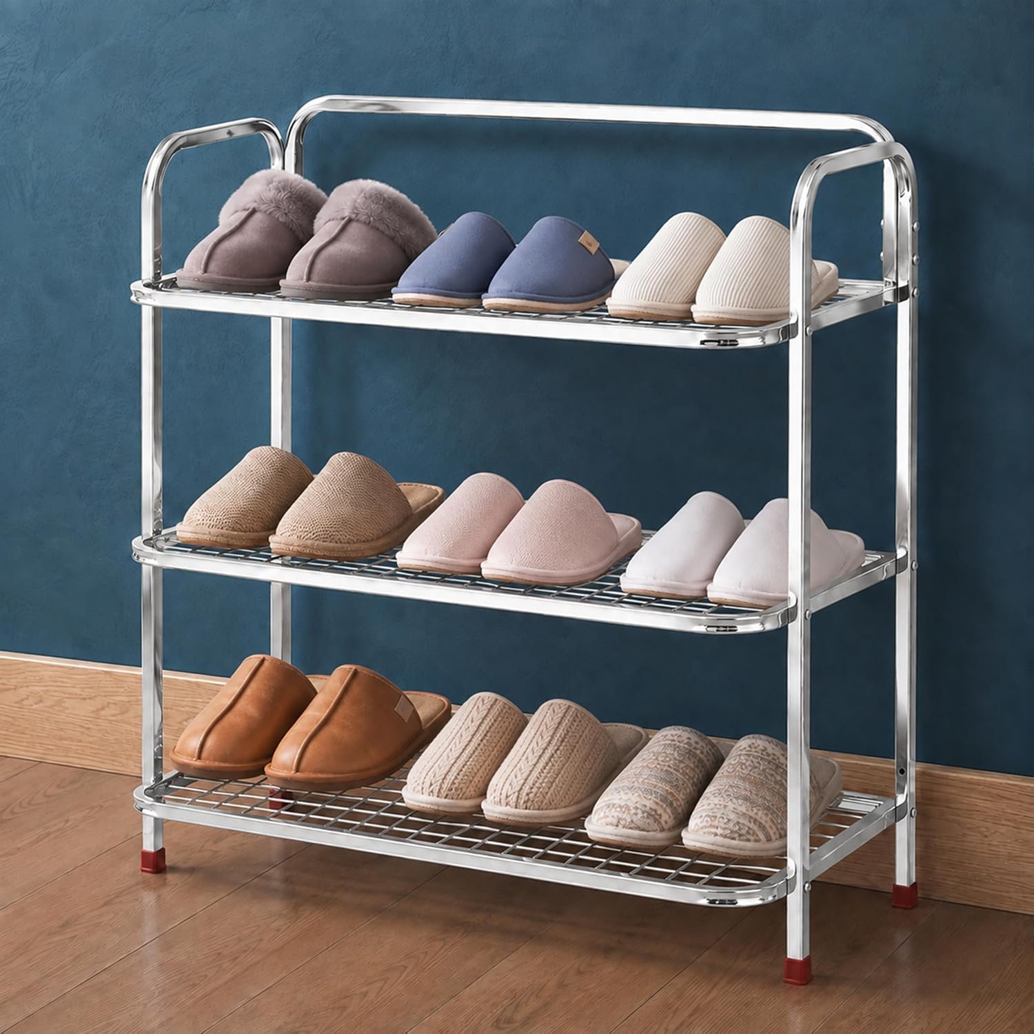 Plantex Stainless Steel Shoe Rack for Home/3 Tier Slipper Stand for Home & Outdoor/Durable Shoe Organizer Stand/Space Saving Footwear Rack - (Silver)