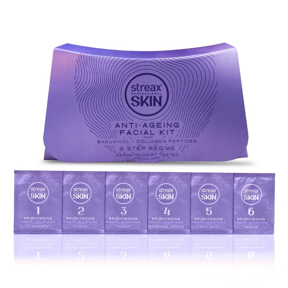 Streax Professional Anti Ageing Facial Kit for Wrinkle Reduction, Firming & Youthful Glow, Reduces Fine Lines, Boosts Collagen, 6 Step Professional Salon-Like Mini Facial Kit at Home (30g + 15ml)