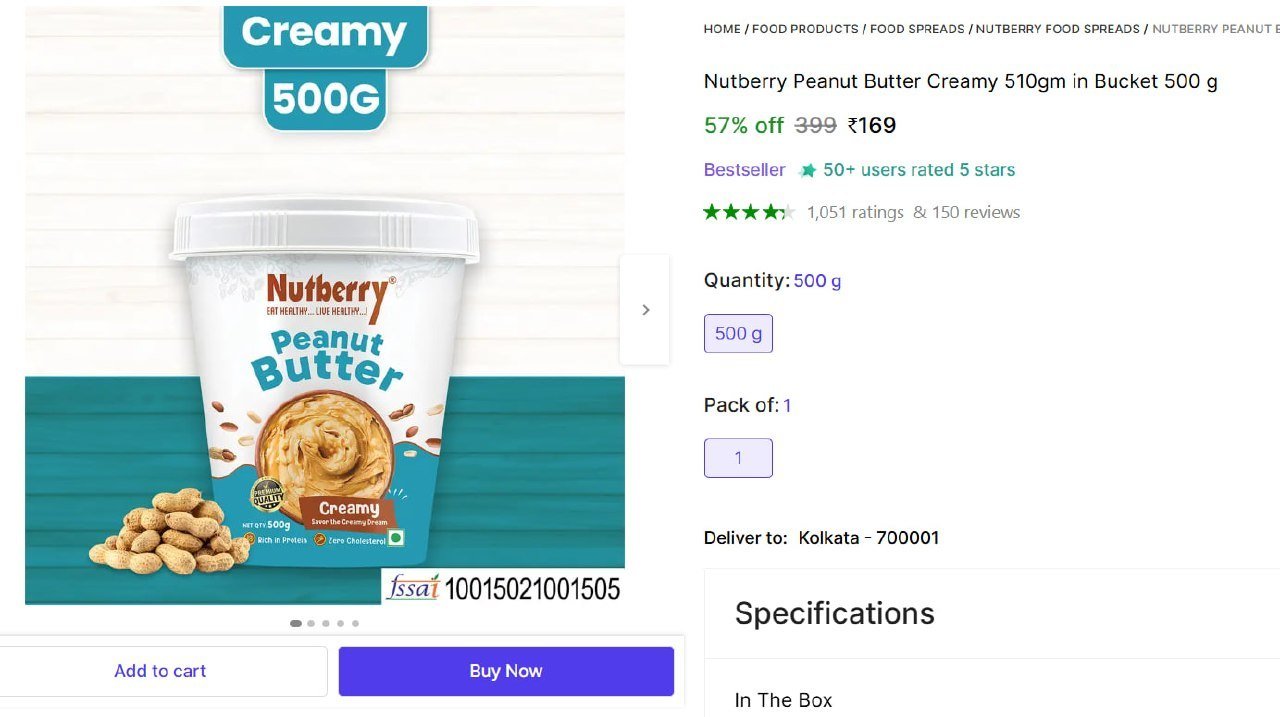 nutberry peanut butter creamy 510gm bucket 500 g